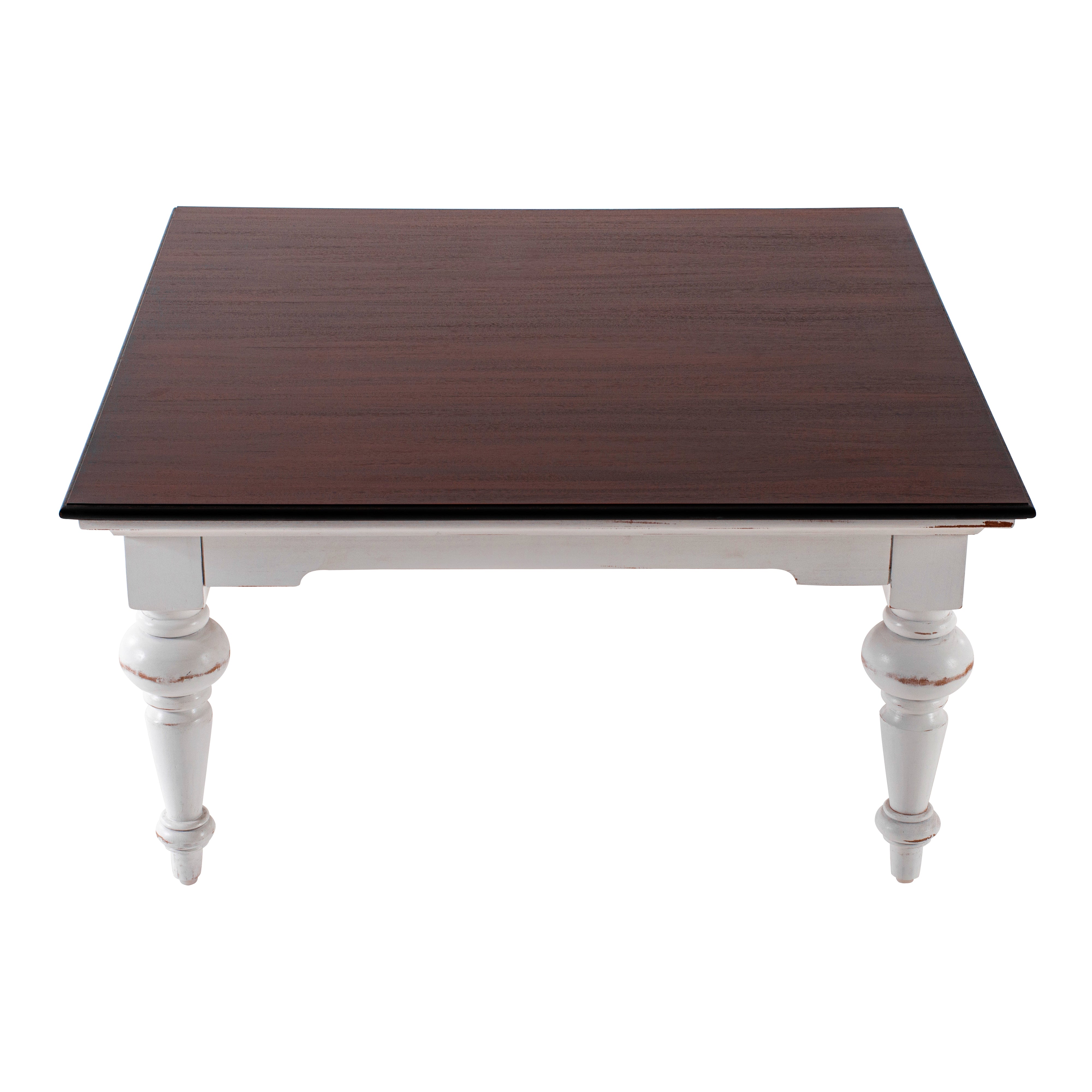 Front view of the Provence Accent Square Coffee Table with a square dark timber top and white distressed turned legs.