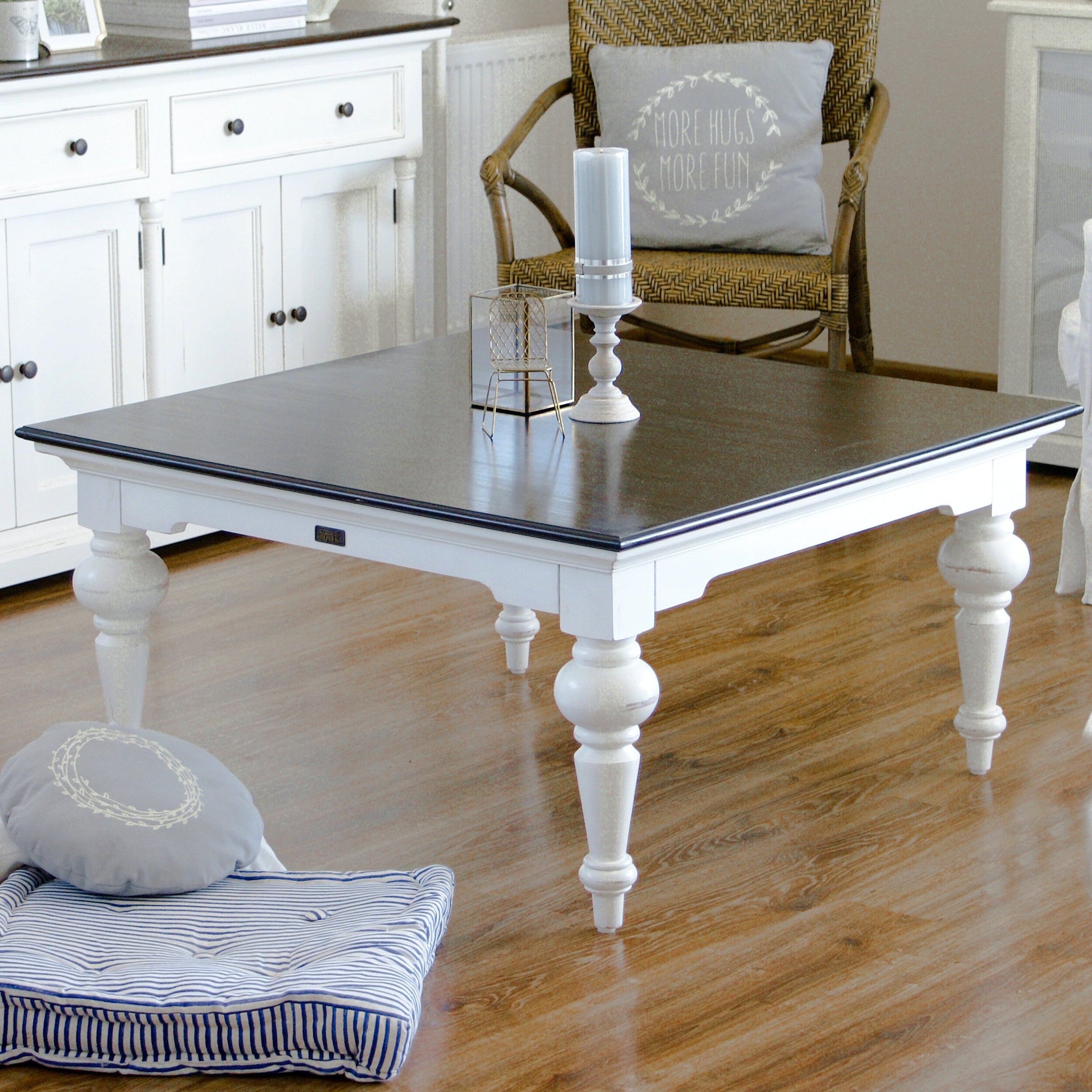 Provence Accent Square Coffee Table styled in a light coastal living room with white furniture, timber flooring and soft neutral decor.