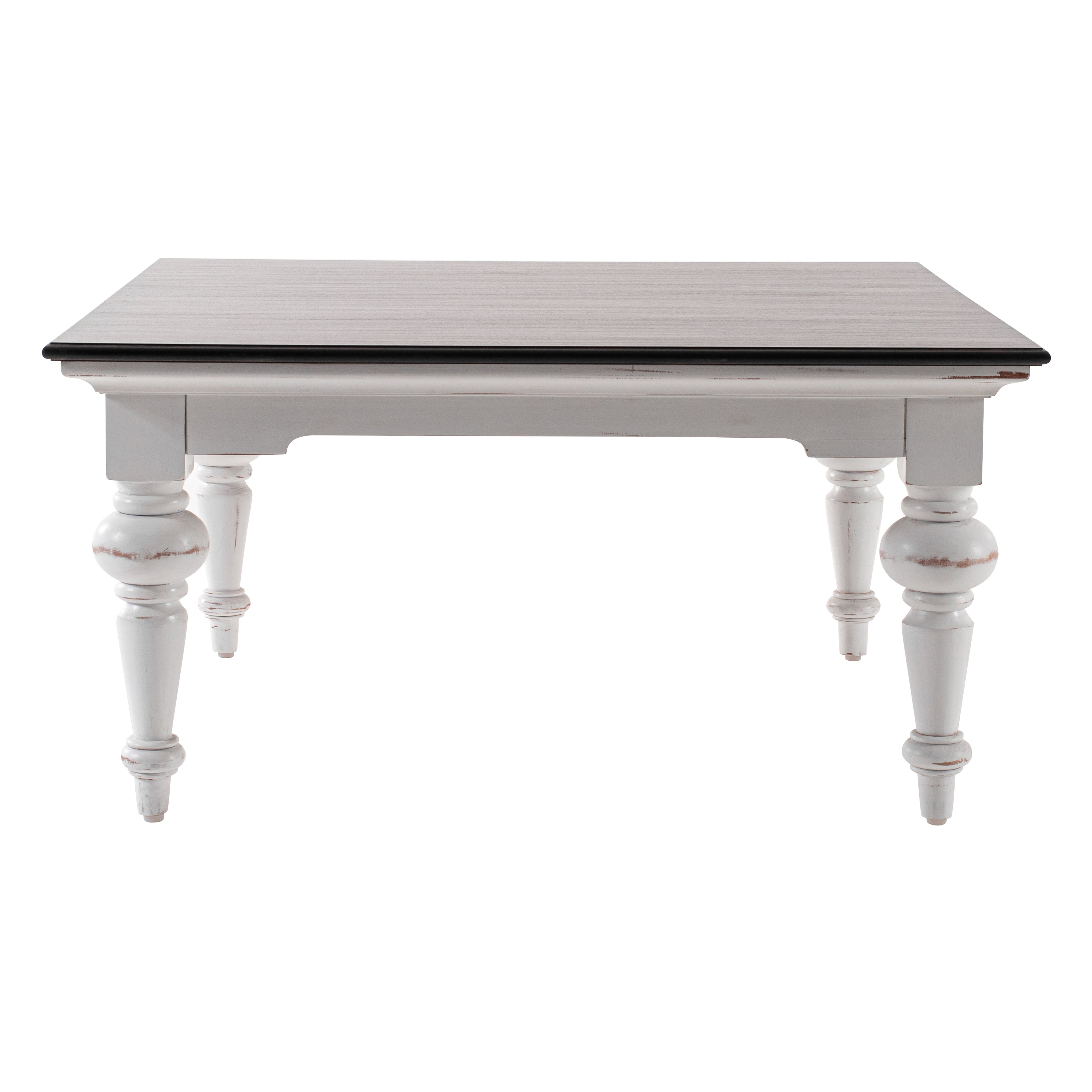 Front view of the Provence Accent Square Coffee Table with dark timber top, white painted base and turned legs.