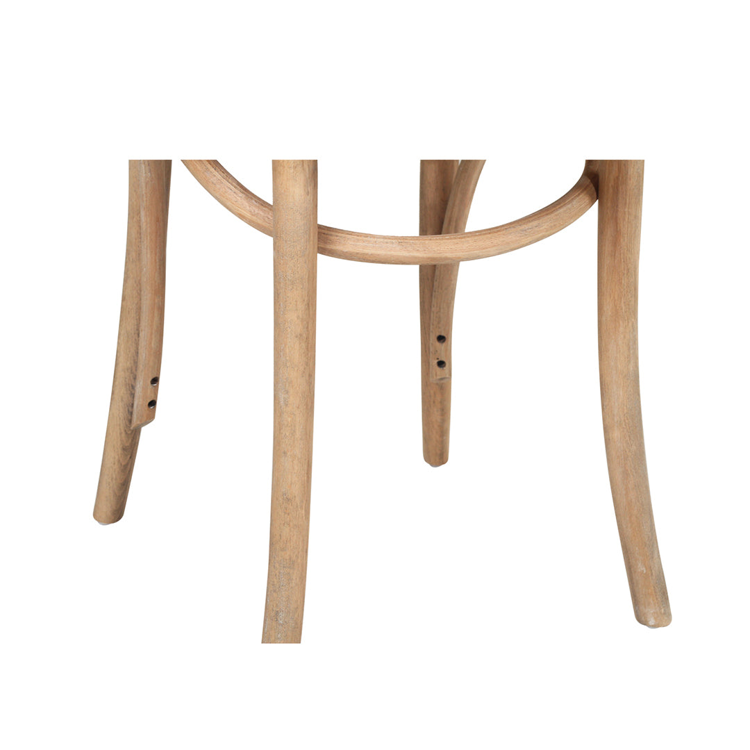 Close up of the Replica Bentwood Chair weathered oak timber legs and curved support detail.