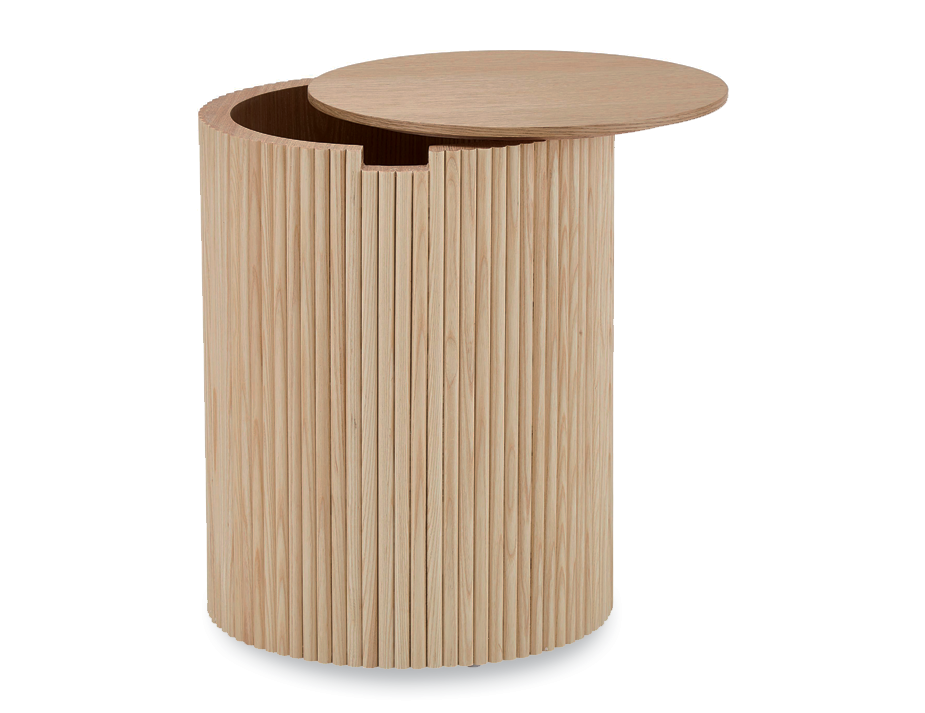 Round side table with ridges in natural ash colour with internal storage and lid slightly ajar.