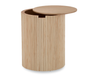 Round side table with ridges in natural ash colour with internal storage and lid slightly ajar.