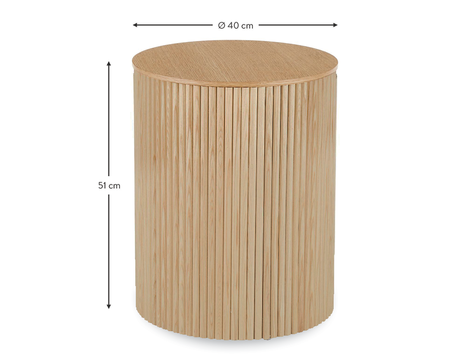 Round side table with ridges in natural ash colour with internal storage showing dimensions.