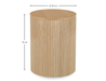 Round side table with ridges in natural ash colour with internal storage showing dimensions.