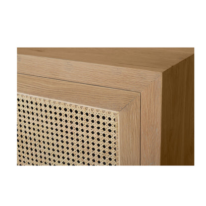 Side angled detail of Iluka Sideboard - Two Door showing oak frame and rattan weave.
