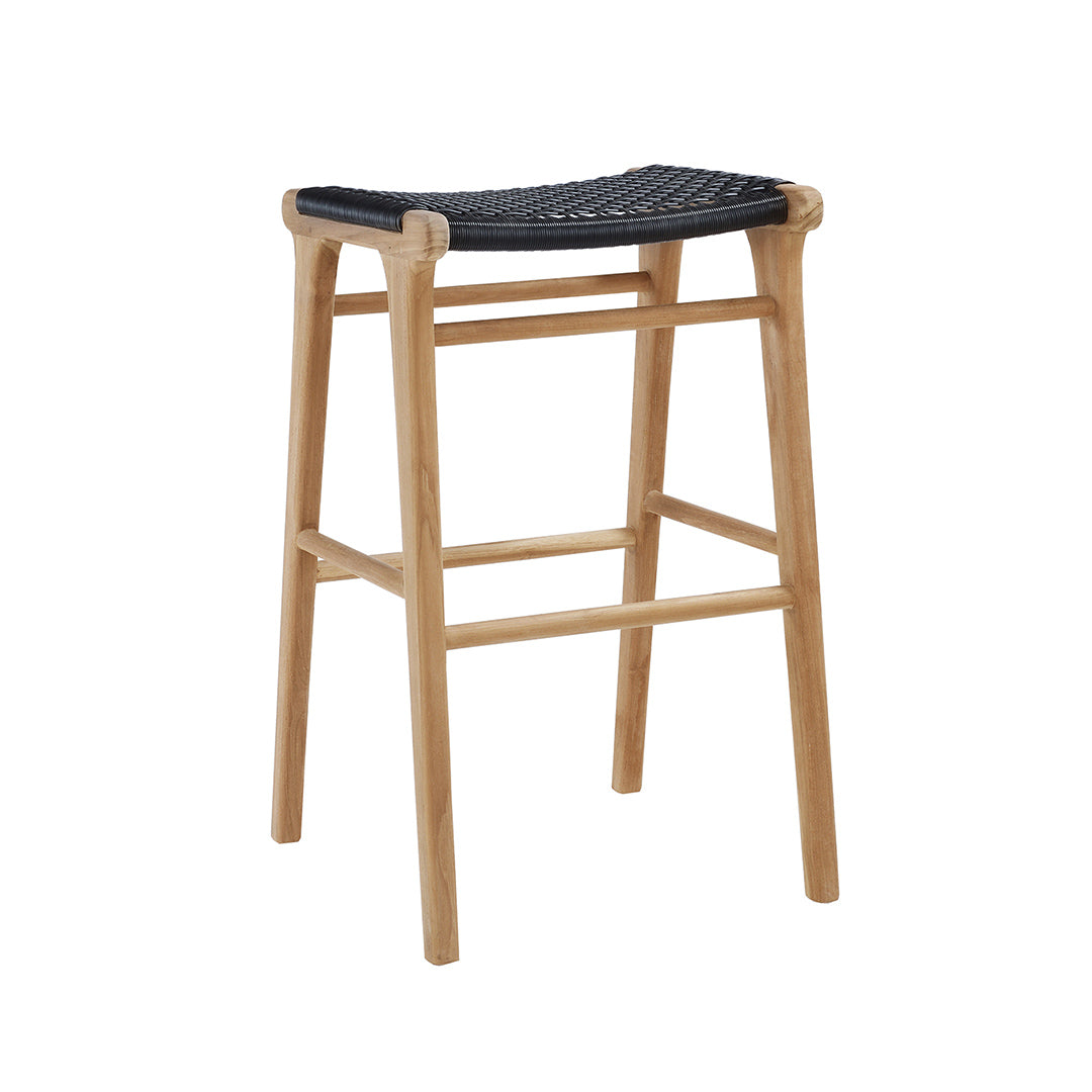 Angled studio view of the Zen Backless Bar Stool – Black – Open Weave highlighting teak construction and modern silhouette.