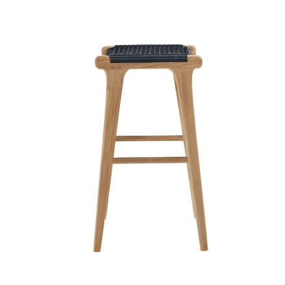 Straight side view of the Zen Backless Bar Stool – Black – Open Weave showcasing natural teak frame and curved seat.
