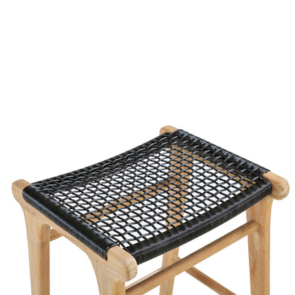 Angled close-up of the Zen Backless Bar Stool – Black – Open Weave showing the intricate handwoven synthetic seat detail.