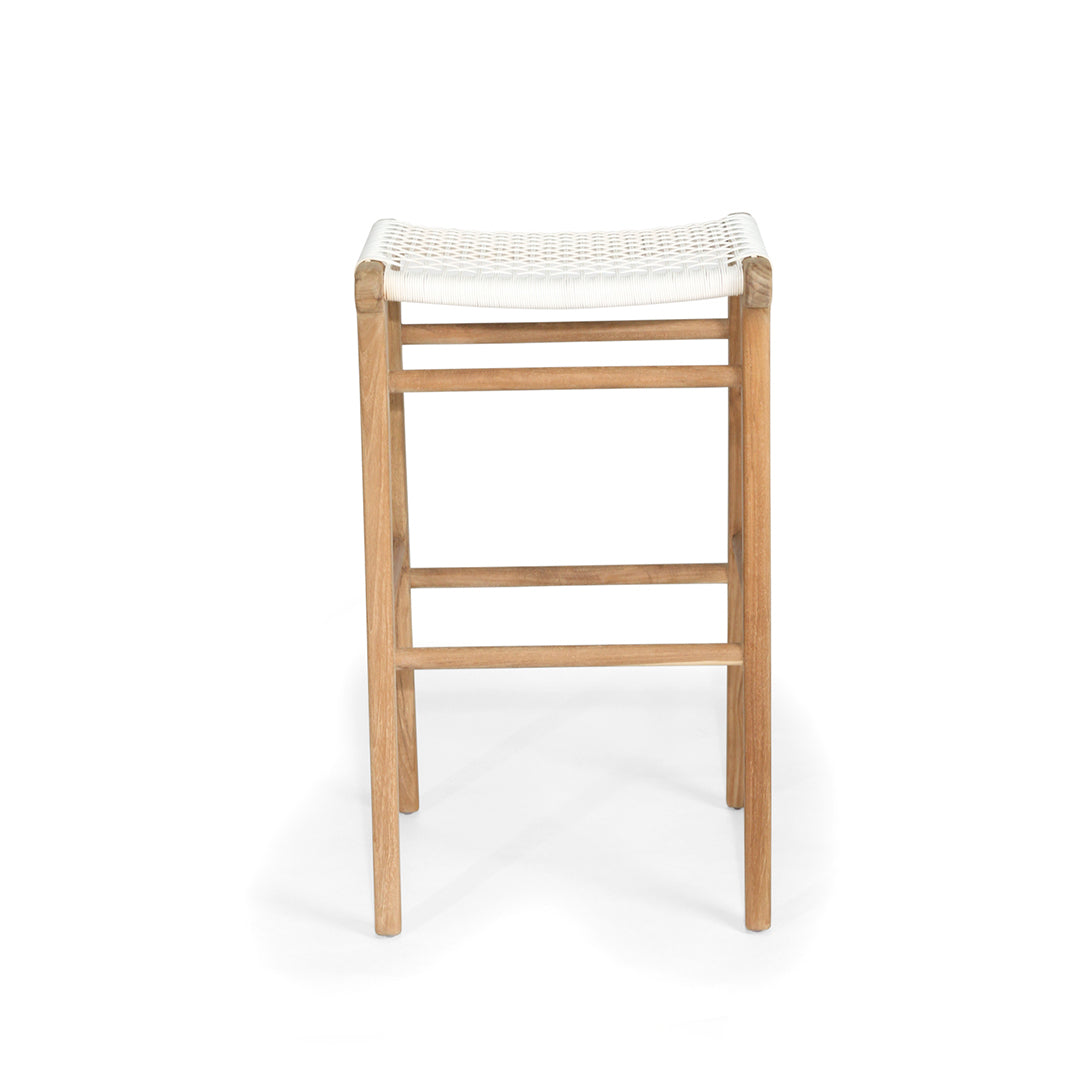 Straight front view of the Zen Backless Bar Stool – White – Open Weave emphasising symmetrical teak structure and foot supports.