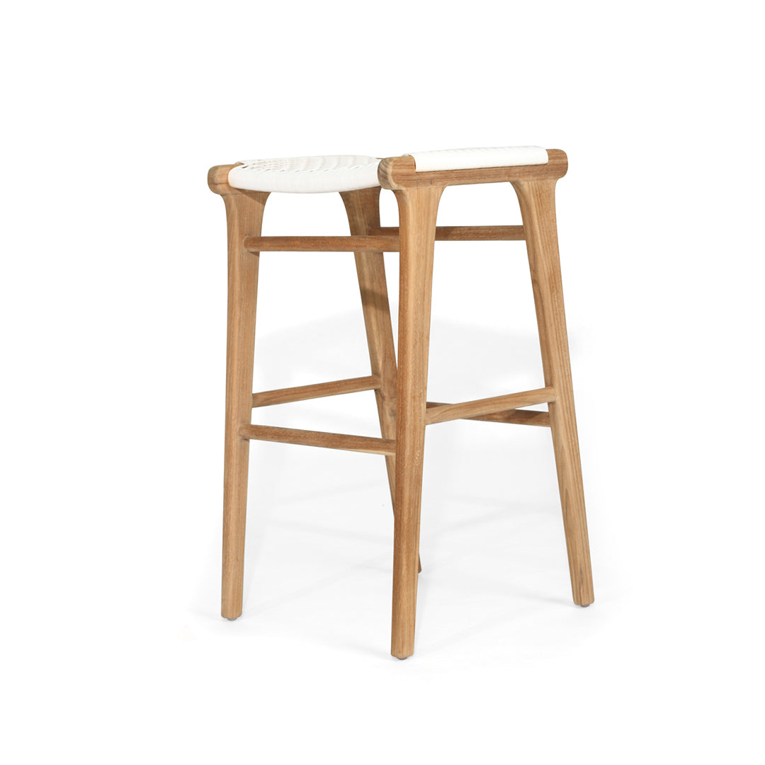 Three-quarter studio view of the Zen Backless Bar Stool – White – Open Weave showing ergonomic seat curve and crossbars.