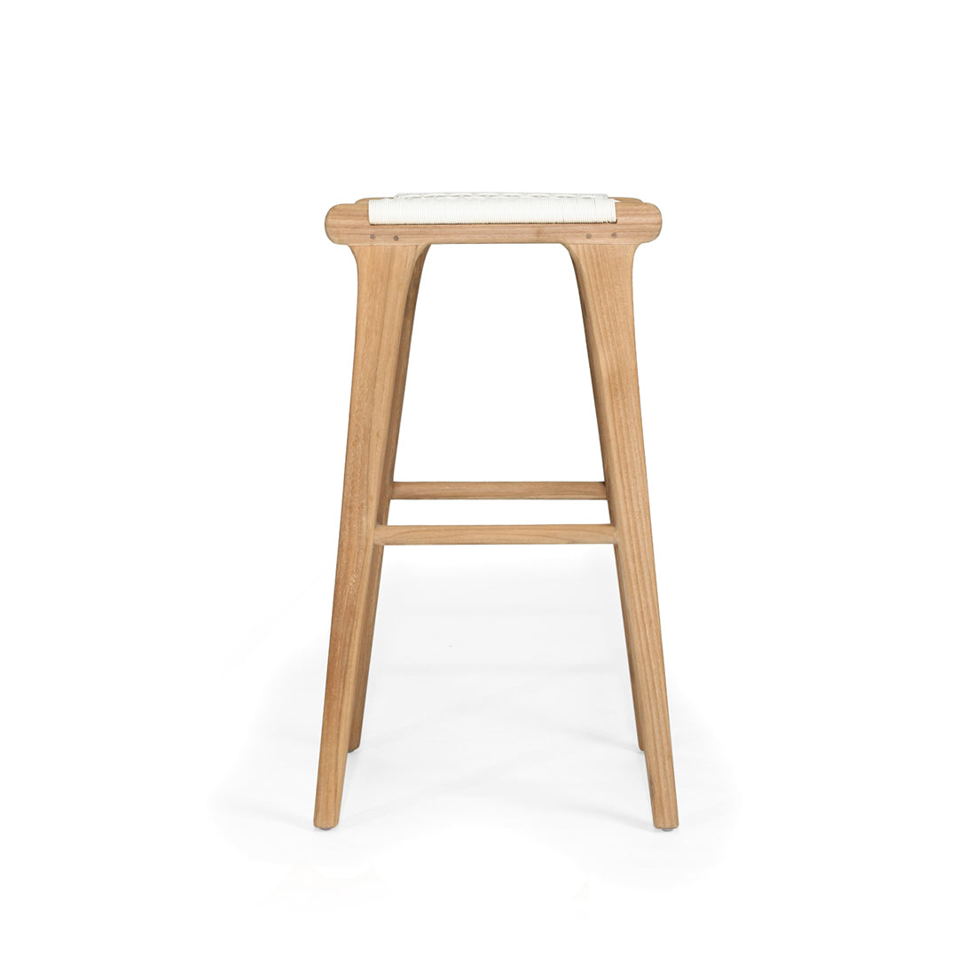 Side profile of the Zen Backless Bar Stool – White – Open Weave with clean lines and sculpted teak legs.