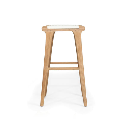 Side profile of the Zen Backless Bar Stool – White – Open Weave with clean lines and sculpted teak legs.
