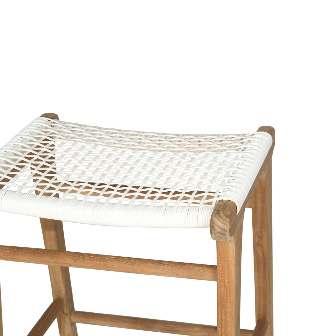 Angled top view of the Zen Backless Bar Stool – White – Open Weave highlighting the handwoven synthetic seat and corner joinery.