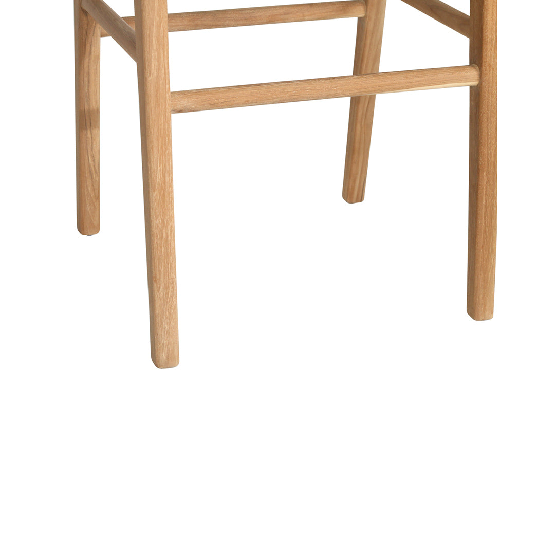 Close-up of the Zen Backless Bar Stool legs and footrest, showing the solid natural teak base construction.