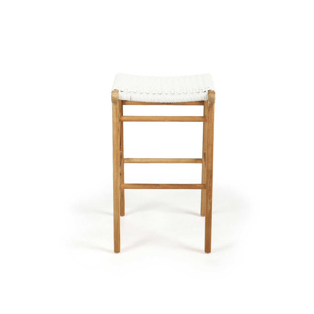 Straight front-facing view of Zen Backless Bar Stool – White – Close Weave highlighting contoured seat and linear footrests.
