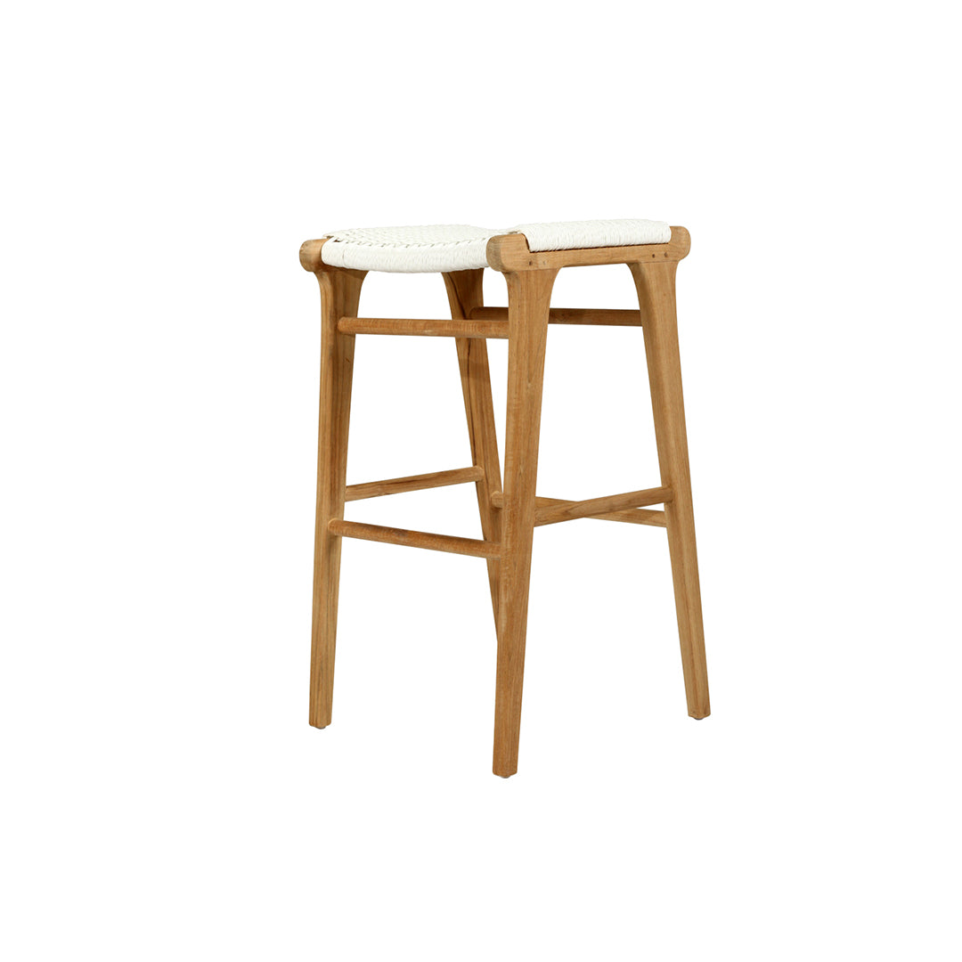 Angled front view of a pair of Zen Backless Bar Stools – White – Close Weave demonstrating symmetry and natural teak finish.