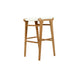 Angled front view of a pair of Zen Backless Bar Stools – White – Close Weave demonstrating symmetry and natural teak finish.
