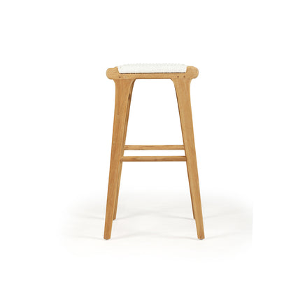 Straight side profile of the Zen Backless Bar Stool – White – Close Weave showing the sculpted teak legs and footrest.