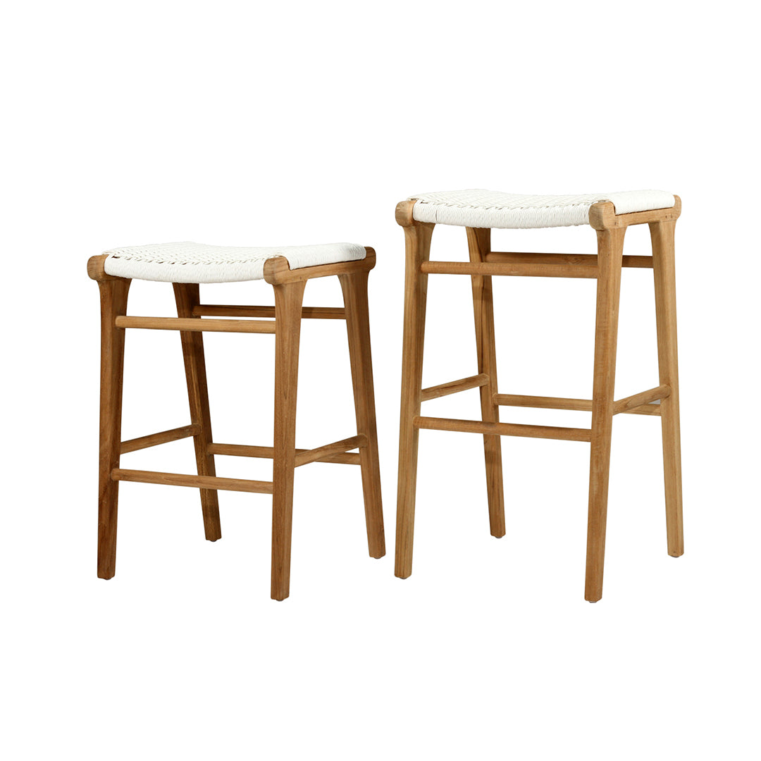 Studio shot of Zen Backless Bar Stools – White – Close Weave in counter and bar heights, showcasing size difference and teak frames.