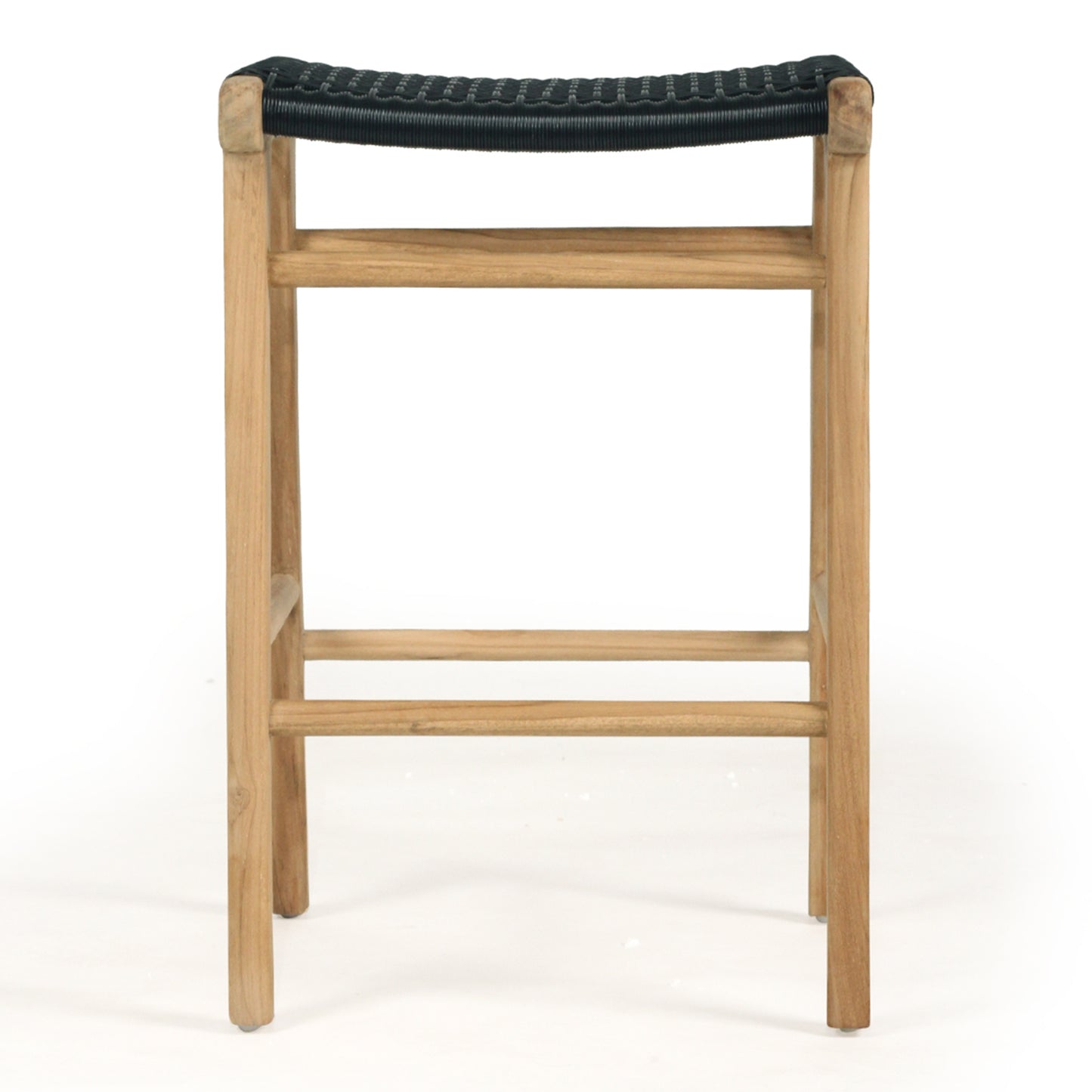 Rear view of Zen Backless Bar Stool – Black – Open Weave illustrating solid teak construction and crossbar stability.