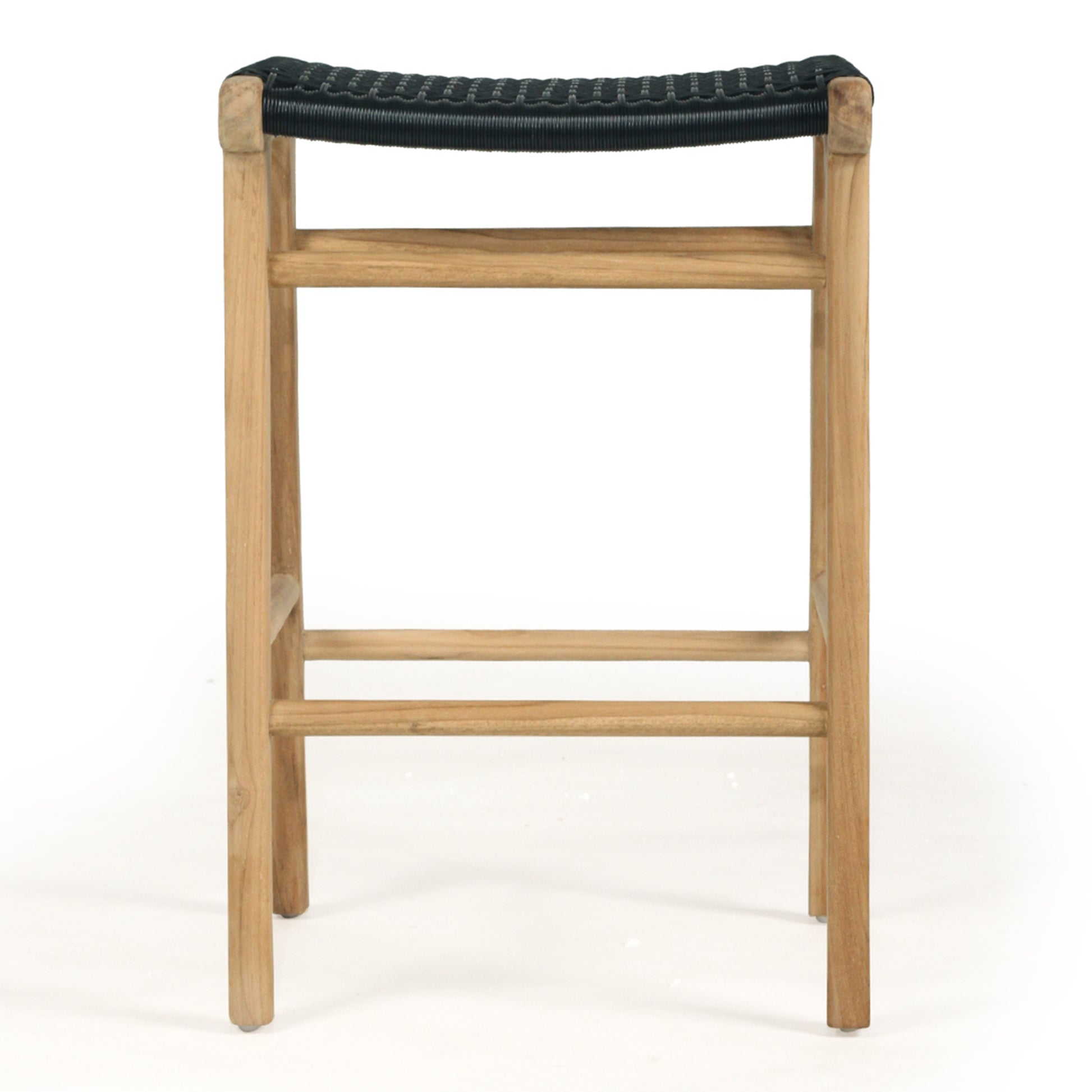 Rear view of Zen Backless Bar Stool – Black – Open Weave illustrating solid teak construction and crossbar stability.