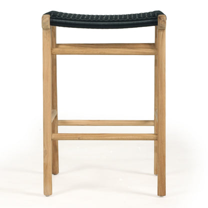 Rear view of Zen Backless Bar Stool – Black – Open Weave illustrating solid teak construction and crossbar stability.
