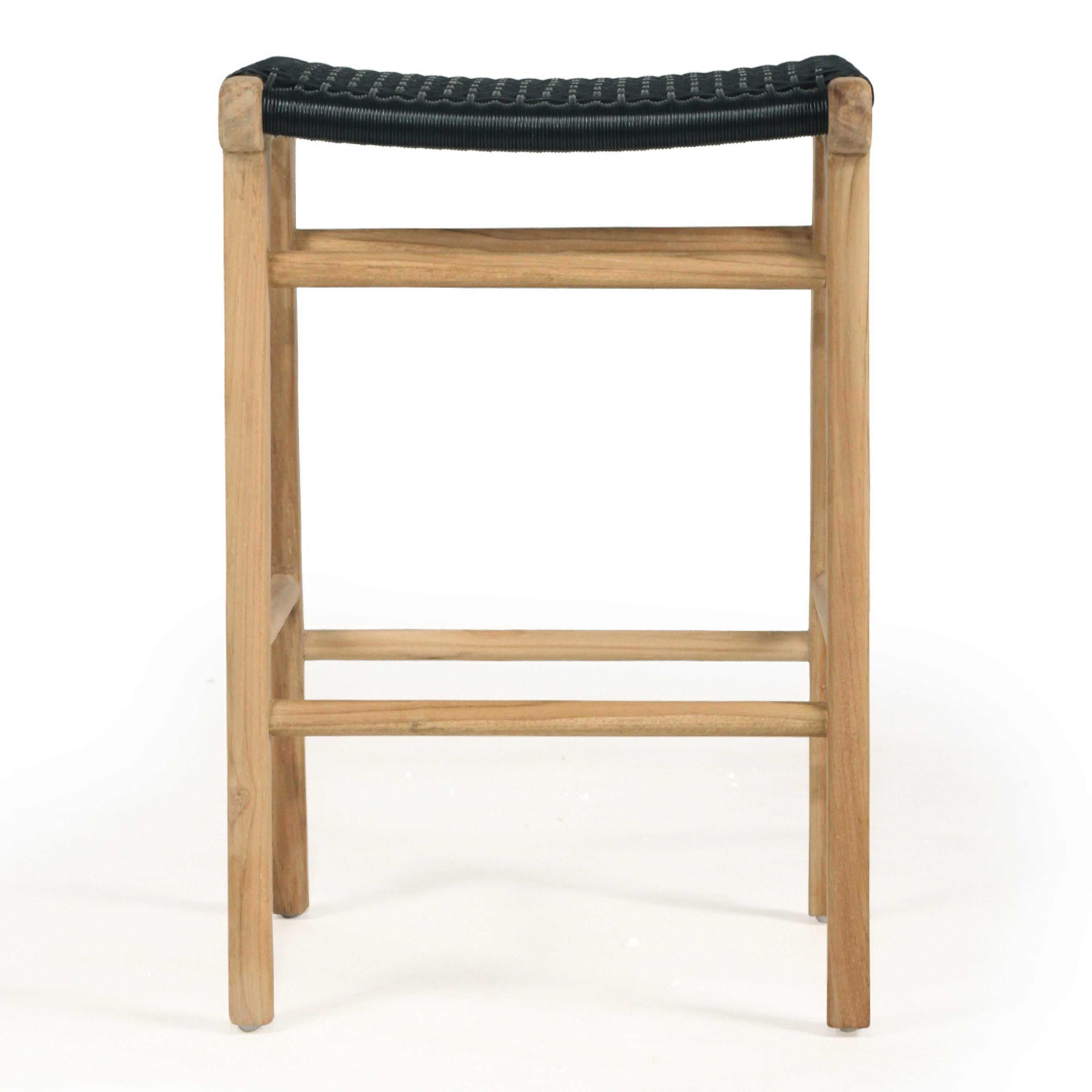 Rear view of Zen Backless Bar Stool – Black – Open Weave illustrating solid teak construction and crossbar stability.