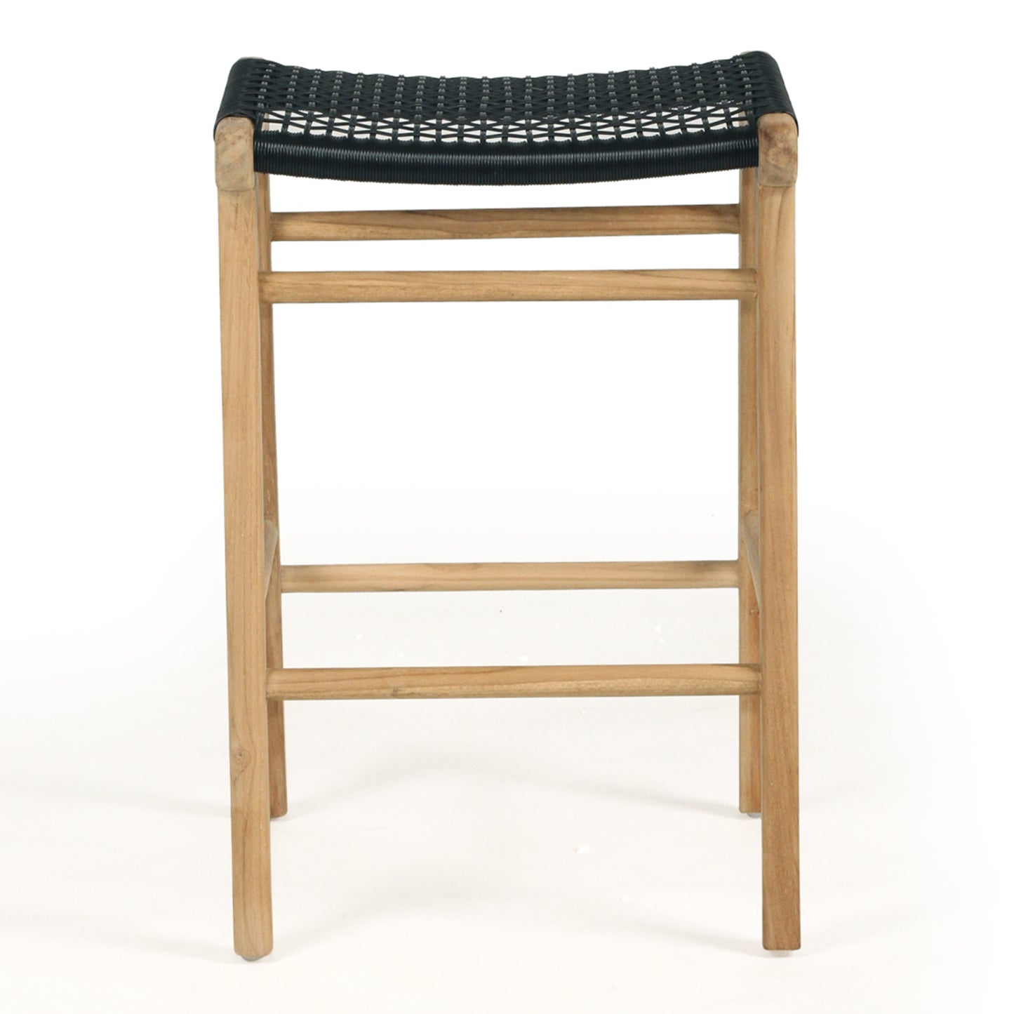 Front view of the Zen Backless Bar Stool – Black – Open Weave featuring its minimalist design and footrest support.