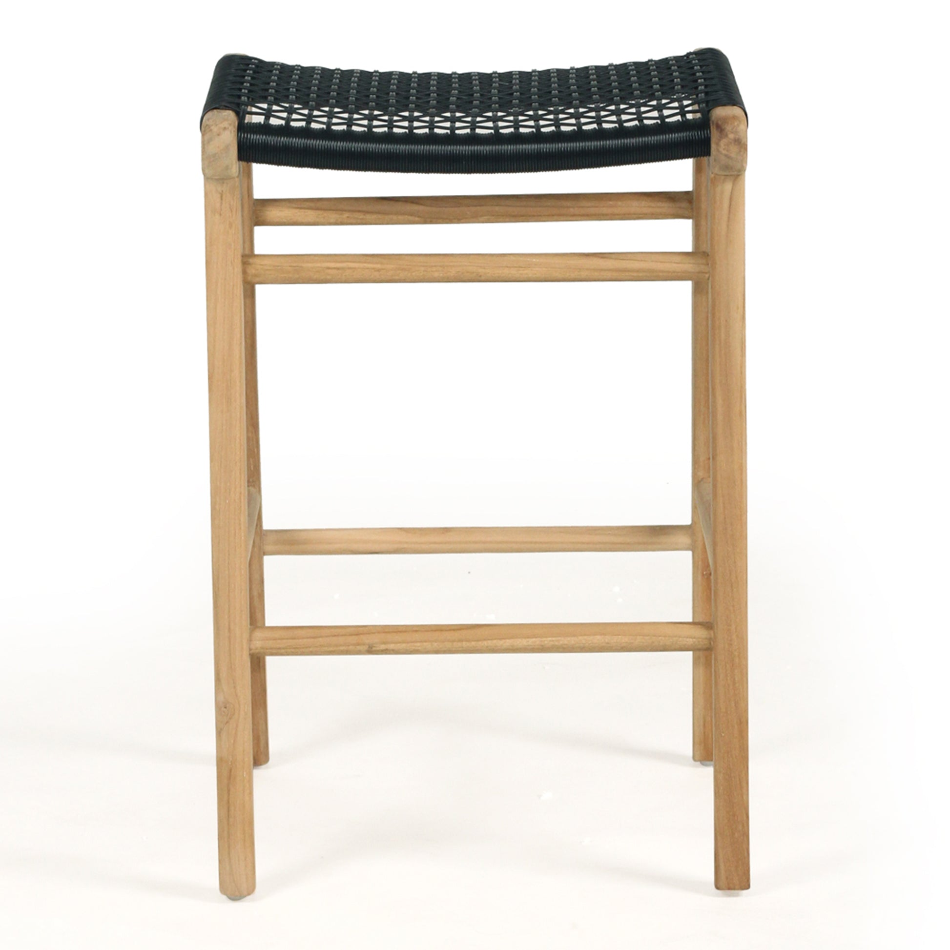 Front view of the Zen Backless Bar Stool – Black – Open Weave featuring its minimalist design and footrest support.