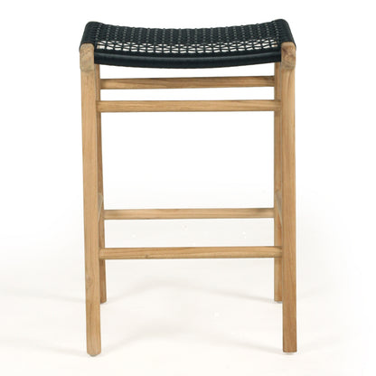 Front view of the Zen Backless Bar Stool – Black – Open Weave featuring its minimalist design and footrest support.