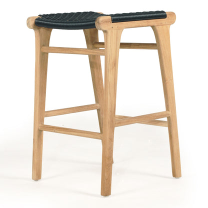 Angled studio view of the Zen Backless Bar Stool – Black – Open Weave highlighting its durable teak base and wrapped seat.