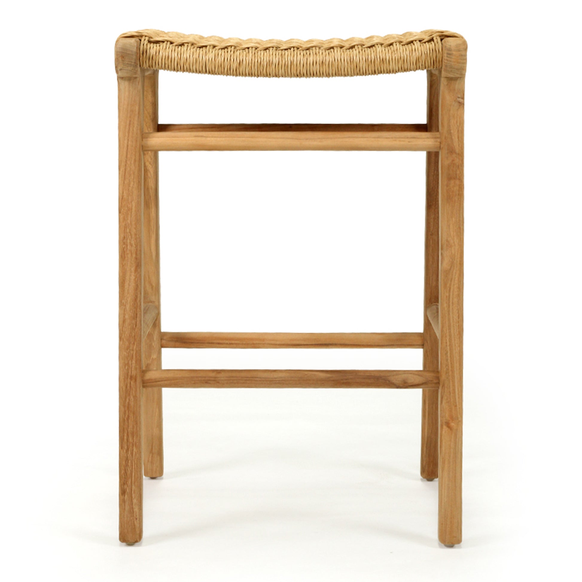 Rear view of the Zen Backless Bar Stool – Sand – Open Weave highlighting frame construction and handwoven seat.