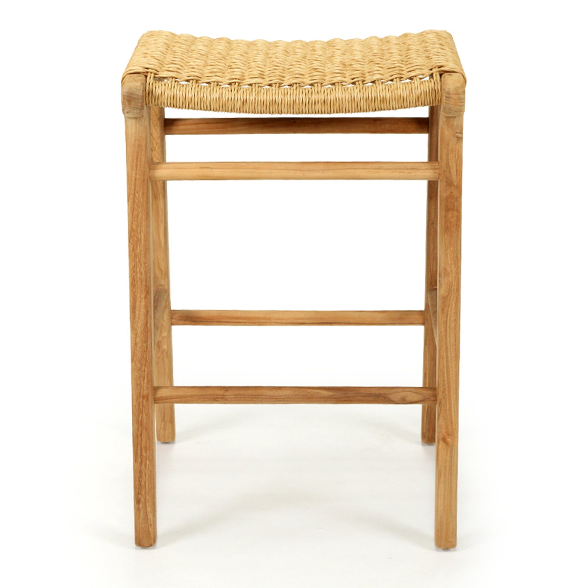 Straight front view of the Zen Backless Bar Stool – Sand – Open Weave showing seat curvature and rung details.