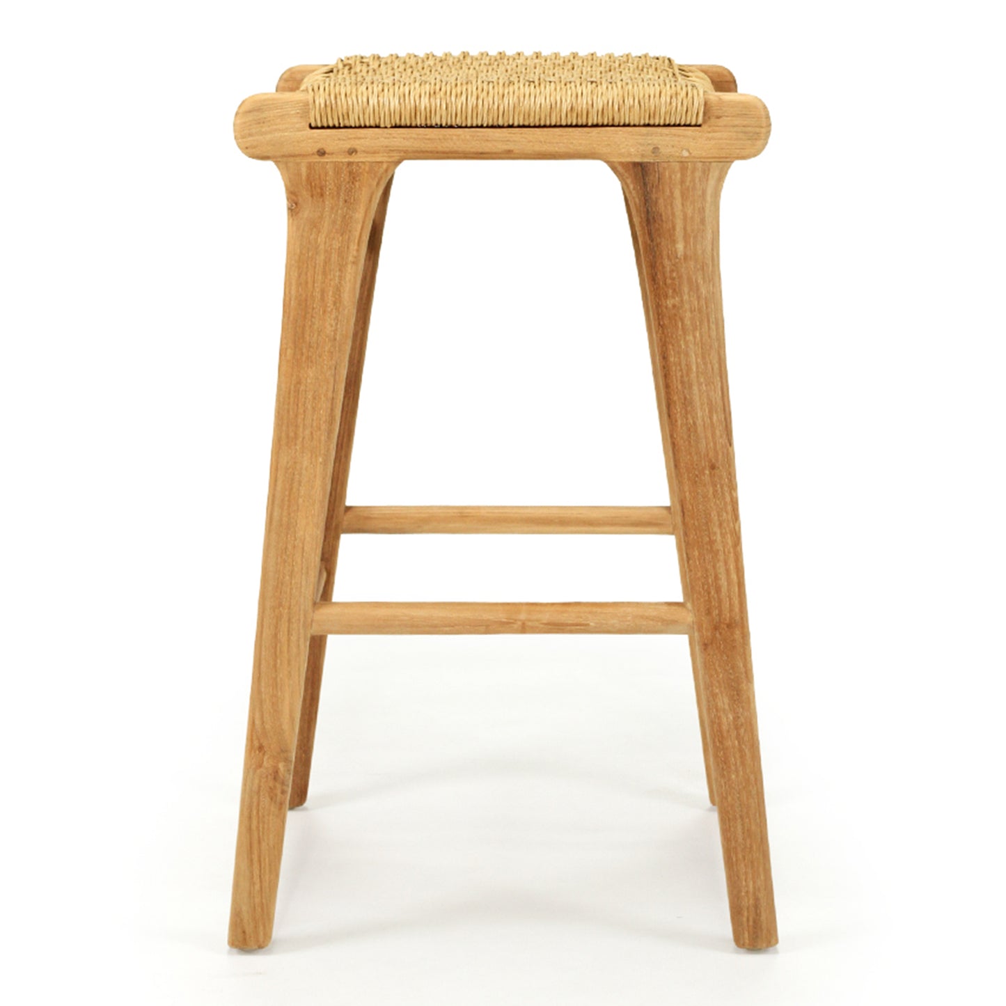 Side profile of the Zen Backless Bar Stool – Sand – Open Weave displaying its natural teak legs and ergonomic seat.