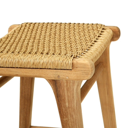 Detail view of the Zen Backless Bar Stool seat showcasing the handwoven open weave in sand finish and natural teak frame.