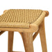 Detail view of the Zen Backless Bar Stool seat showcasing the handwoven open weave in sand finish and natural teak frame.