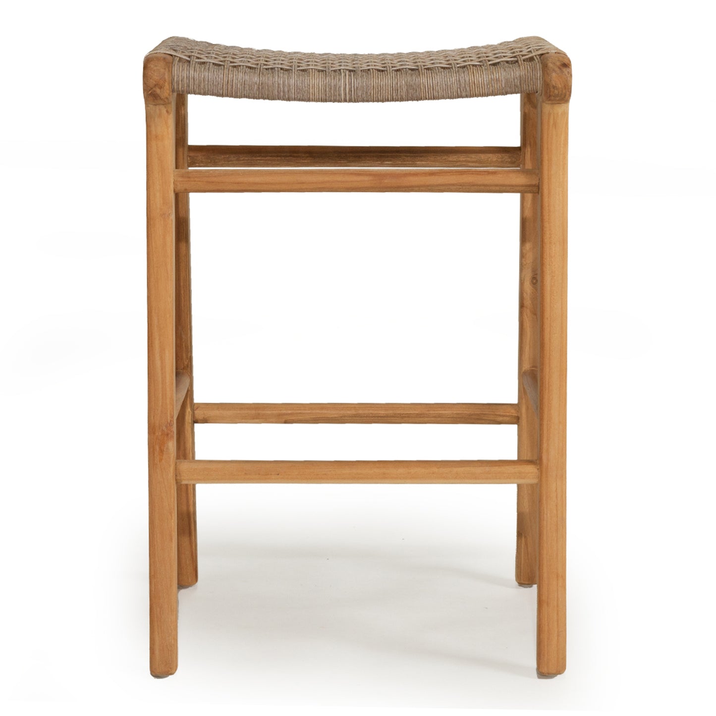 Rear view of Zen Backless Bar Stool – Washed Grey – Open Weave showcasing horizontal stretcher bars and clean teak lines.
