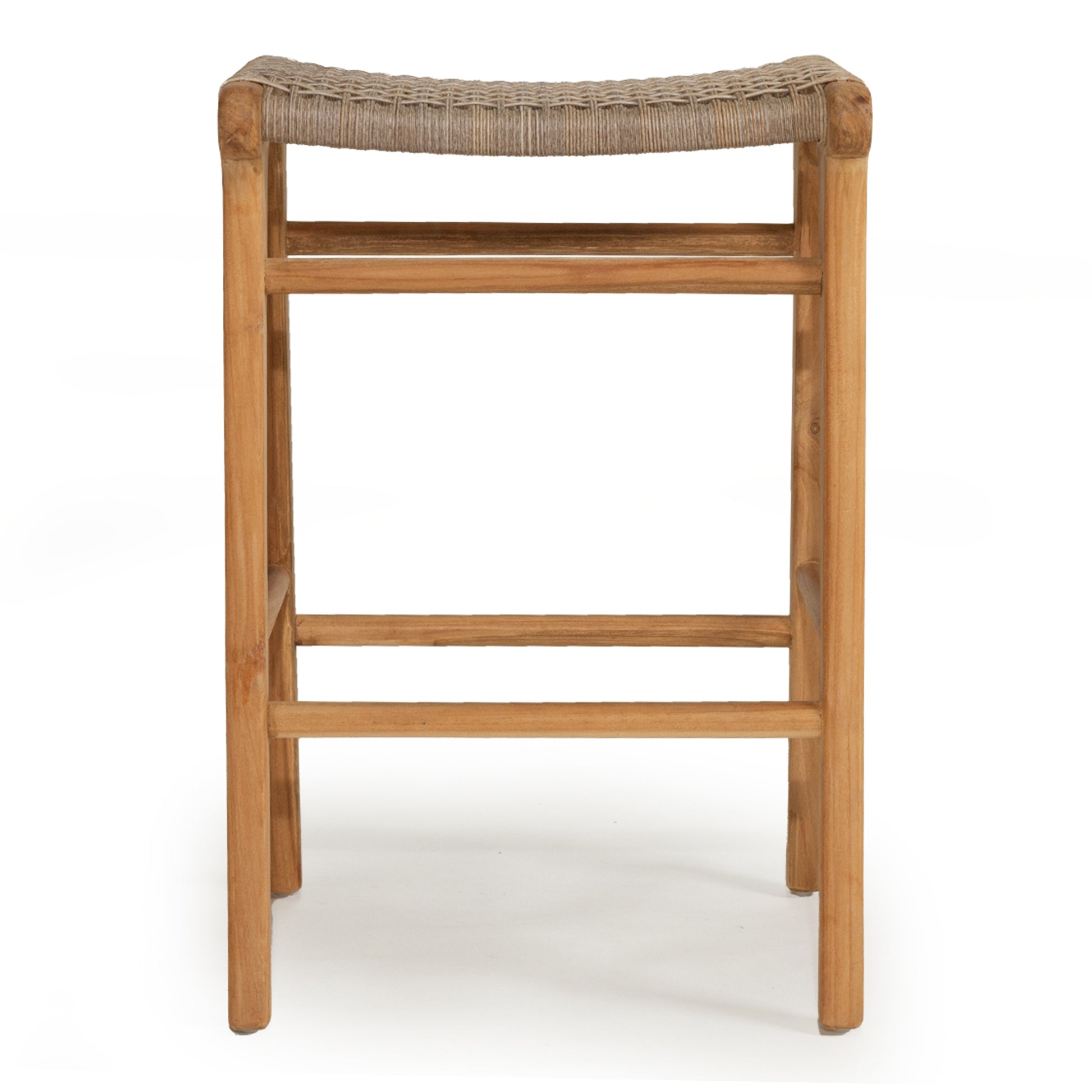 Rear view of Zen Backless Bar Stool – Washed Grey – Open Weave showcasing horizontal stretcher bars and clean teak lines.