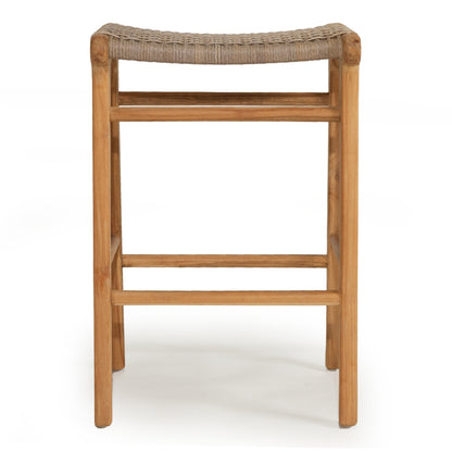 Rear view of Zen Backless Bar Stool – Washed Grey – Open Weave showcasing horizontal stretcher bars and clean teak lines.