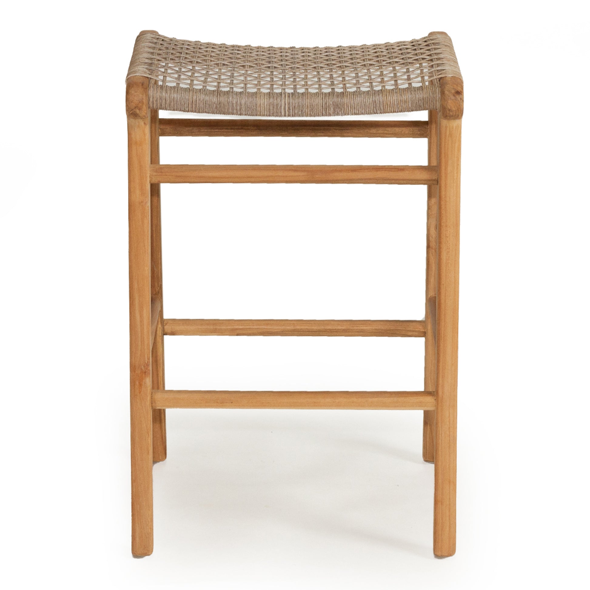 Front view of Zen Backless Bar Stool – Washed Grey – Open Weave highlighting low-profile backless design and teak structure.