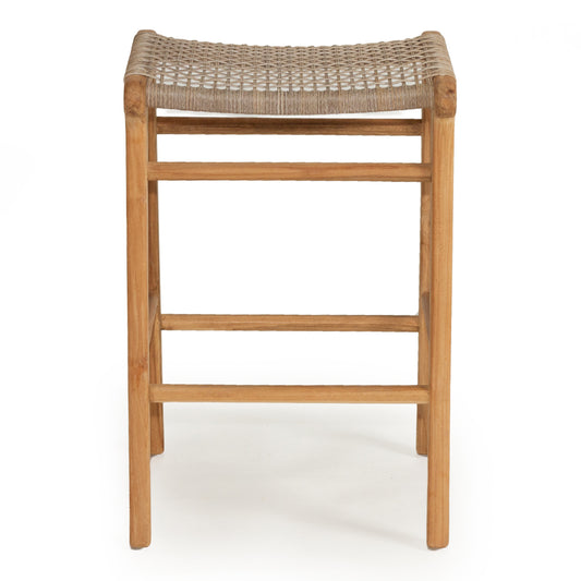 Front view of Zen Backless Bar Stool – Washed Grey – Open Weave highlighting low-profile backless design and teak structure.