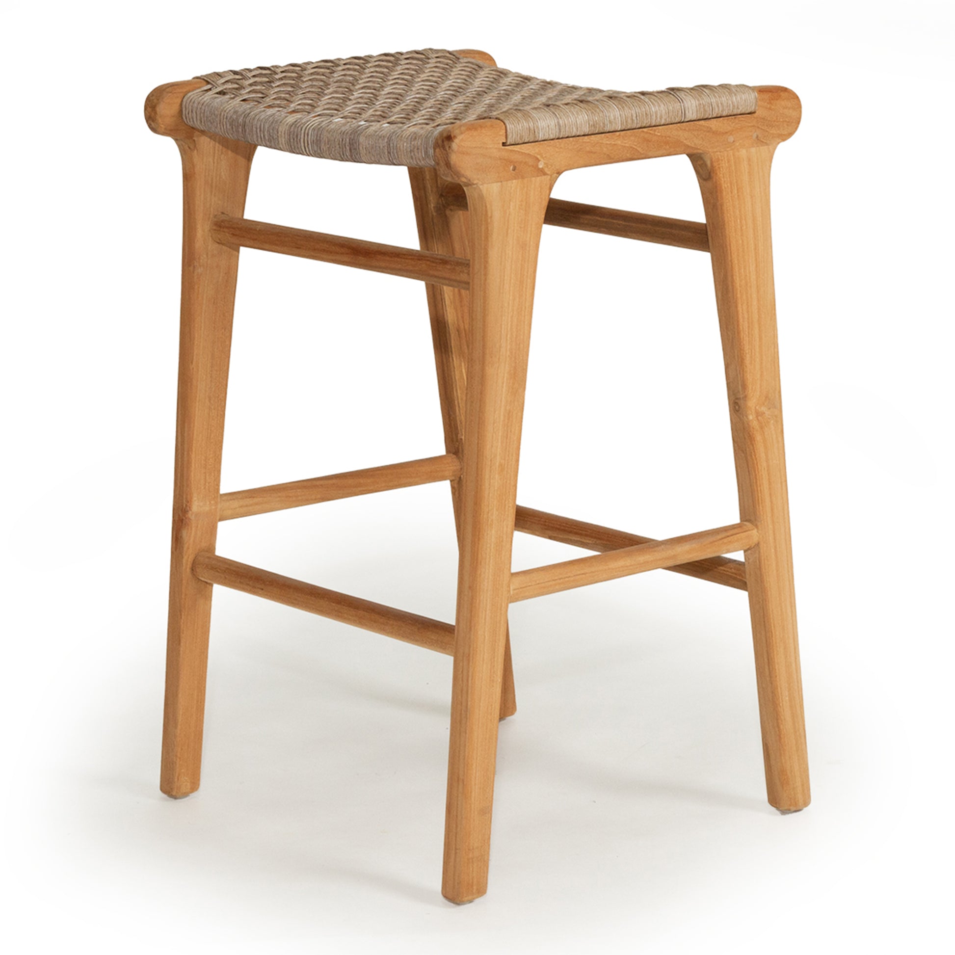 Alternate angled view of Zen Backless Bar Stool – Washed Grey – Open Weave displaying contoured seat and footrest detail.