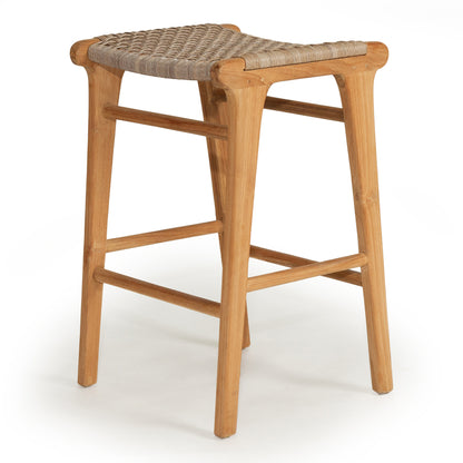 Alternate angled view of Zen Backless Bar Stool – Washed Grey – Open Weave displaying contoured seat and footrest detail.