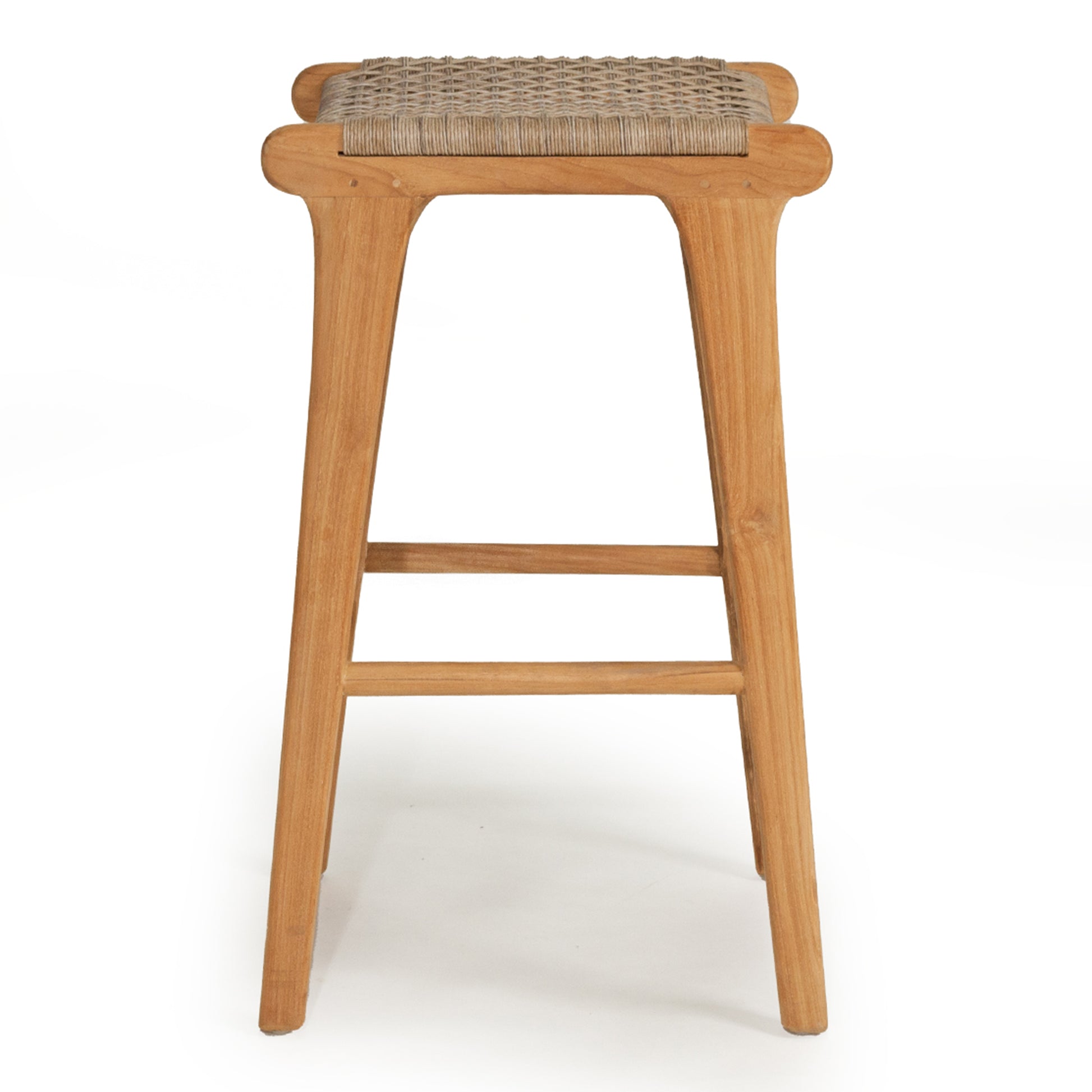 Side profile of Zen Backless Bar Stool – Washed Grey – Open Weave capturing the stool's curved form and leg frame.