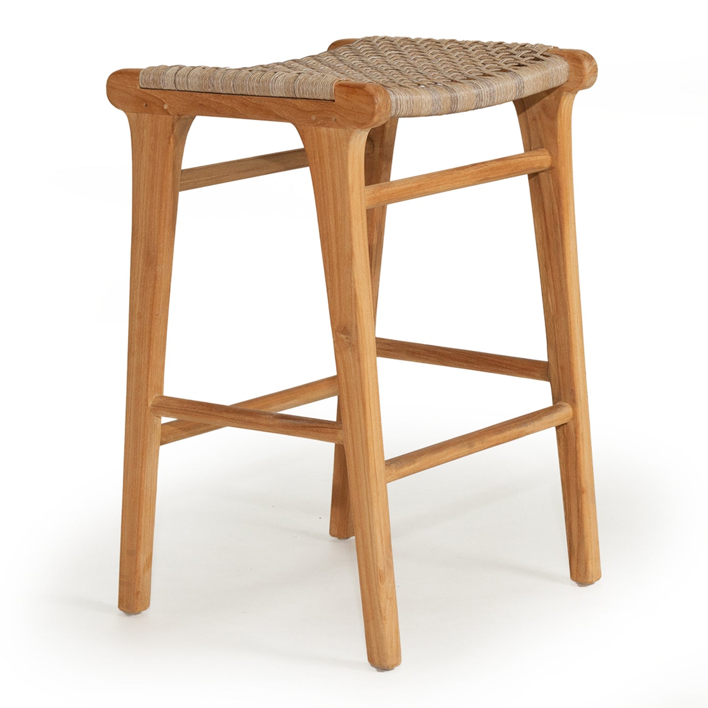 Angled studio view of the Zen Backless Bar Stool – Washed Grey – Open Weave showing curved seat and teak timber frame.