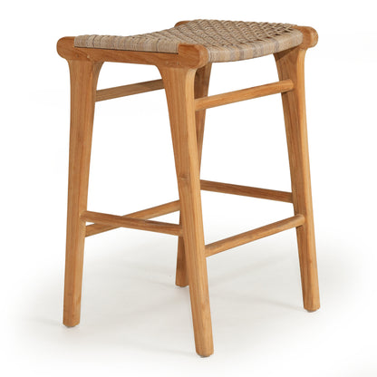 Angled studio view of the Zen Backless Bar Stool – Washed Grey – Open Weave showing curved seat and teak timber frame.