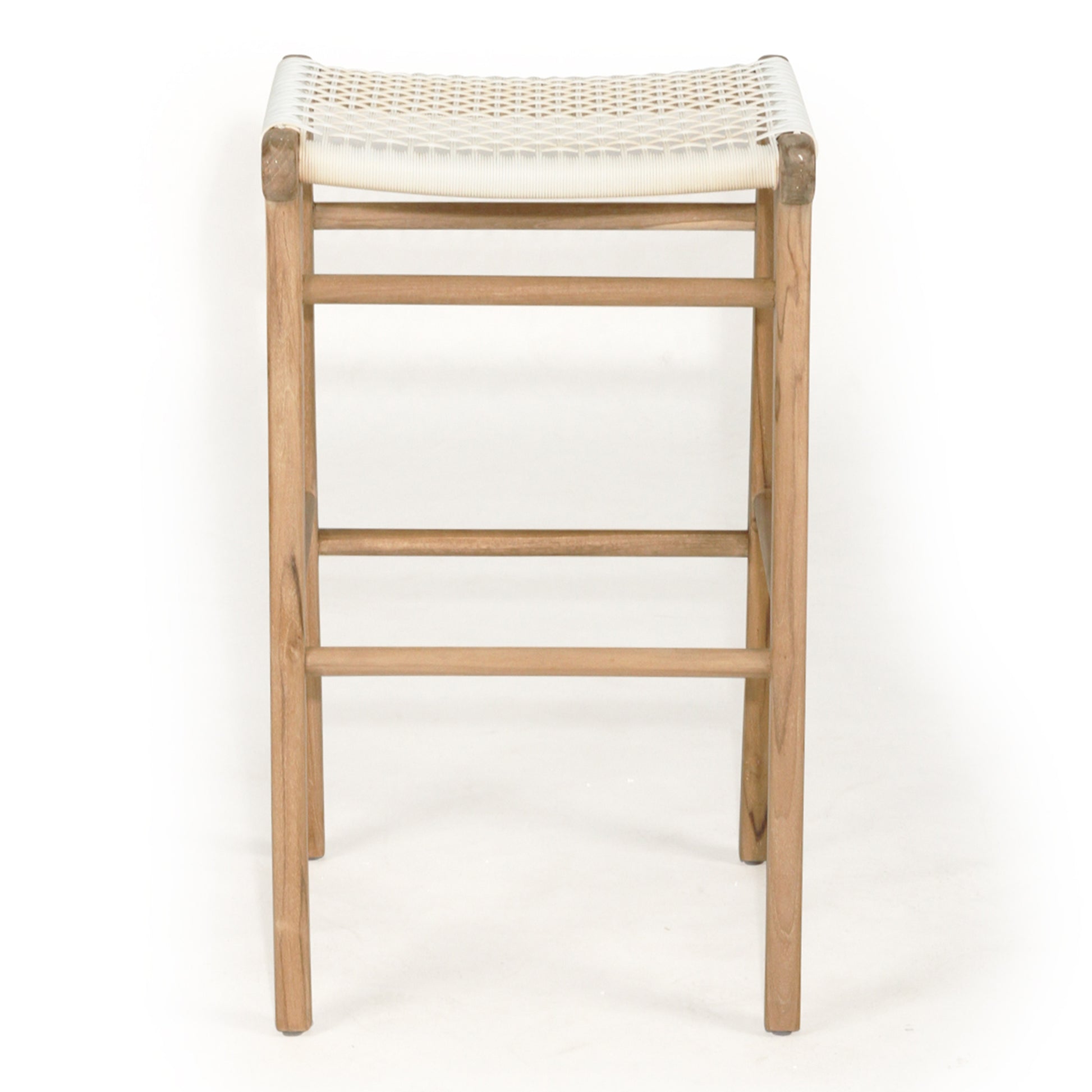 Front-on studio image of Zen Backless Bar Stool – White – Open Weave highlighting curved seat and footrest design.