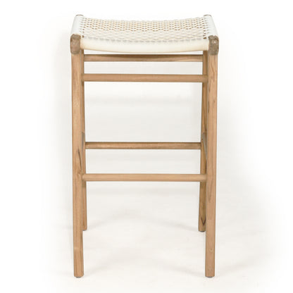 Front-on studio image of Zen Backless Bar Stool – White – Open Weave highlighting curved seat and footrest design.