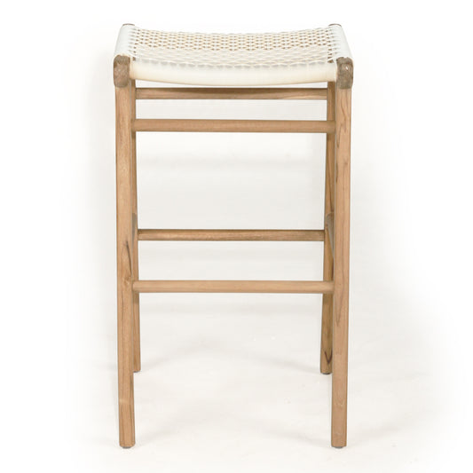 Front-on studio image of Zen Backless Bar Stool – White – Open Weave highlighting curved seat and footrest design.