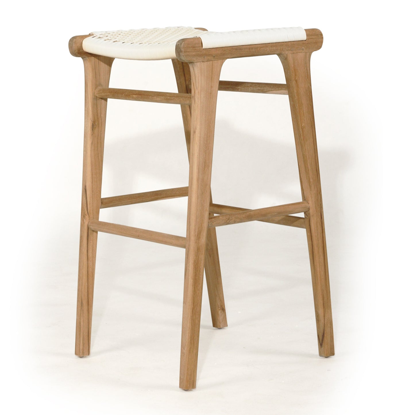 Angled view of Zen Backless Bar Stool – White – Open Weave showing sculpted teak frame and handwoven seat.